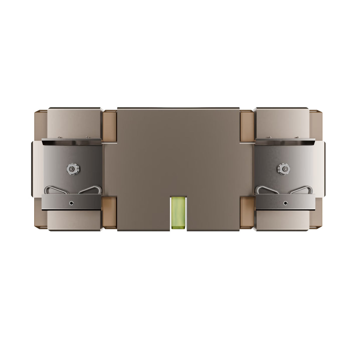 A top-down view of a modern rectangular electronic device, likely a power bank or charging device, featuring a metallic bronze and silver finish with a small green indicator light in the center, set against a plain white background.