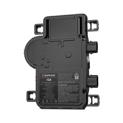 Product Image of IQ8-60-2-US: A black Enphase microinverter with integrated mounting brackets on a white background.