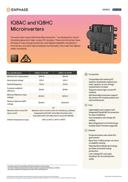 IQ8AC-72-M-US-2545 iq8ac microinverter datasheet, 366VA peak power, 25-year warranty, and Stäubli MC4 connectors.