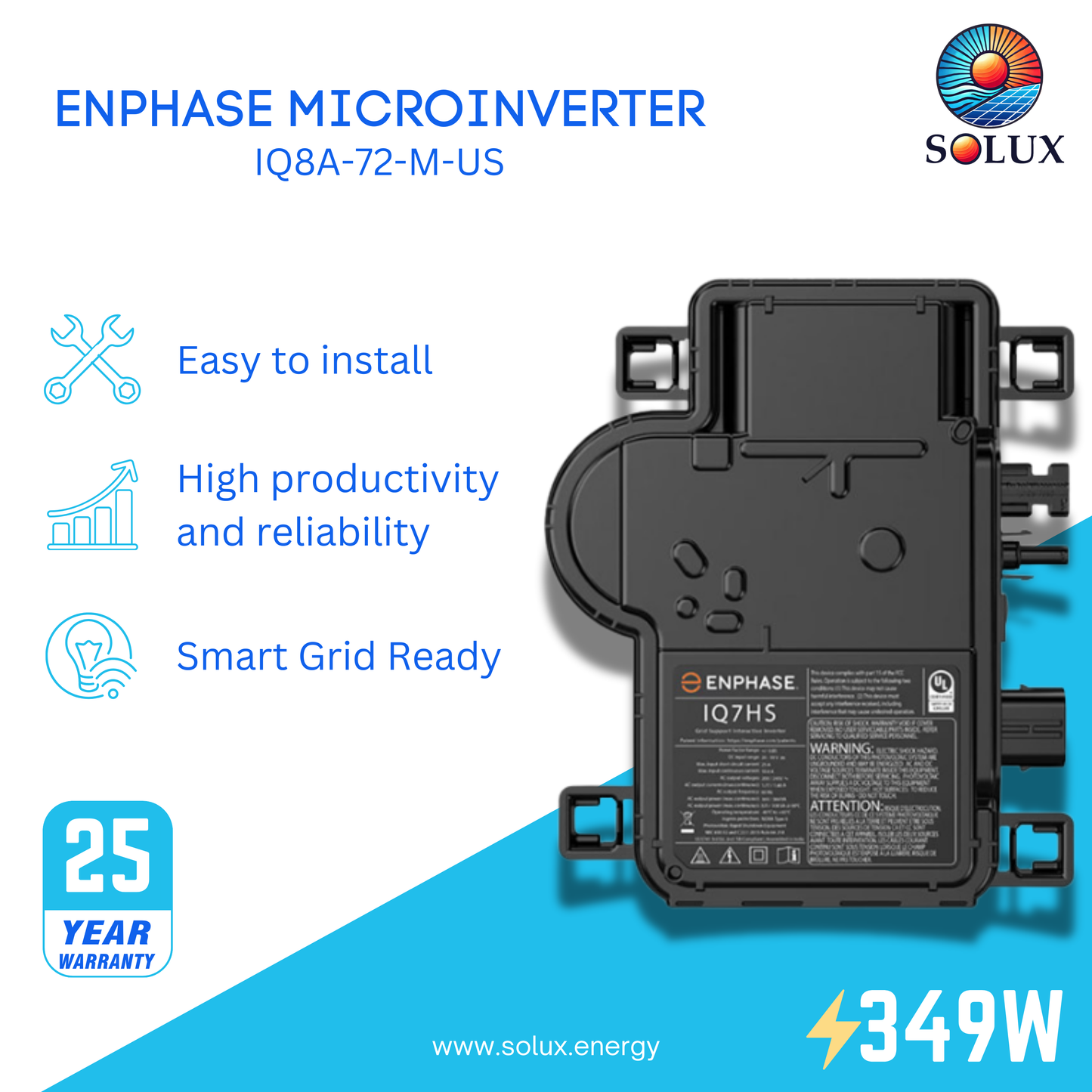 Enphase IQ8A microinverter for grid-tied solar systems.