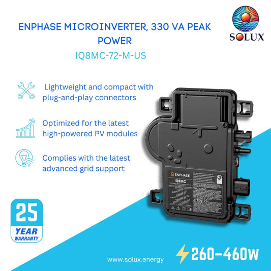 Enphase IQ8MC Microinverter (IQ8MC-72-M-US) ad: 330 VA peak power, grid support, and 25-year warranty.