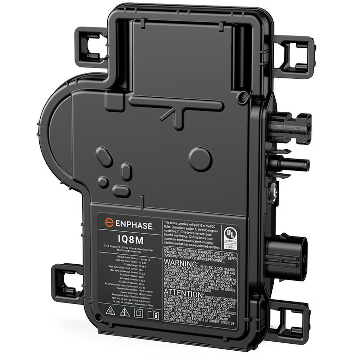 Product of IQ8MC-72-M-US: A black Enphase IQ8MC microinverter for residential solar systems on a white background.