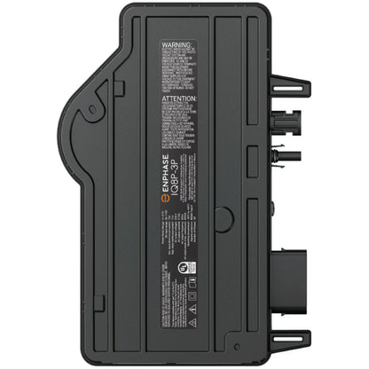 The rear view of a black Enphase QSP-3P solar inverter module, showing technical specifications, warnings, and port connectors on a solid white background.
