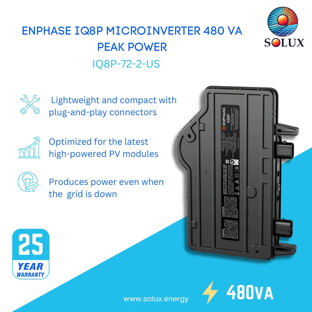 Enphase IQ8P Microinverter 480 VA Peak Power (IQ8P-72-2-US), a grid-forming solution with 25-year warranty.