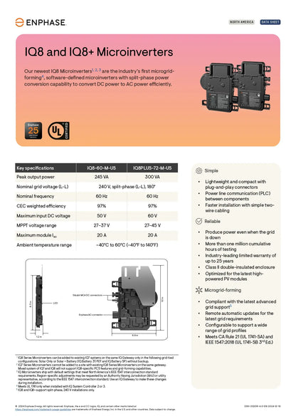 IQ8PLUS-72-M-US-2545 iq8plus microinverter datasheet, 300VA peak output, 97% CEC efficiency, and 25-year warranty.