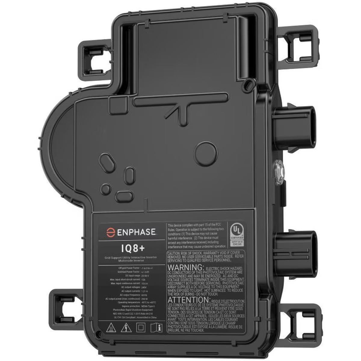 Product Image of IQ8PLUS-72-M-US-2545, an Enphase IQ8+ microinverter, black ruggedized finish with side connection ports.
