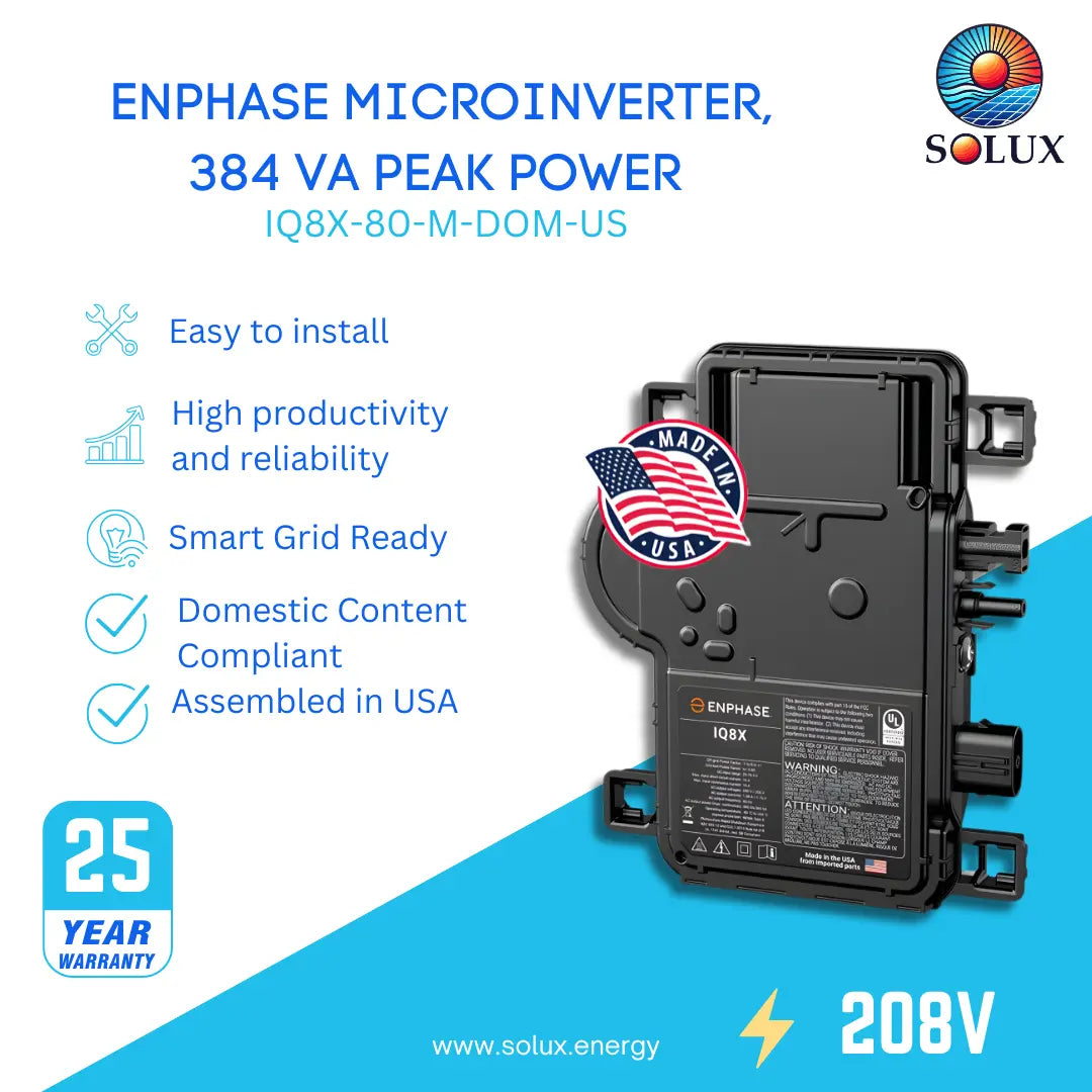Enphase iq8x microinverter (IQ8X-80-M-DOM-US), 384VA peak power, 208V, Domestic Content Compliant, Assembled in USA.