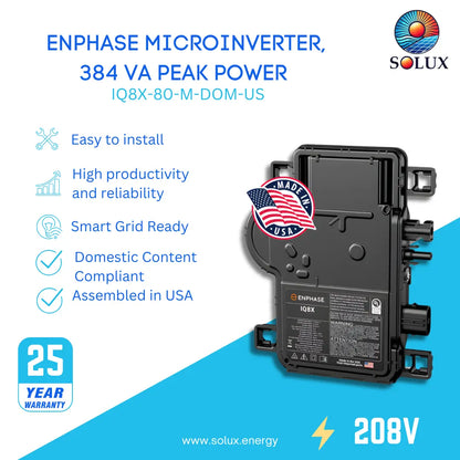 Enphase iq8x microinverter (IQ8X-80-M-DOM-US), 384VA peak power, 208V, Domestic Content Compliant, Assembled in USA.