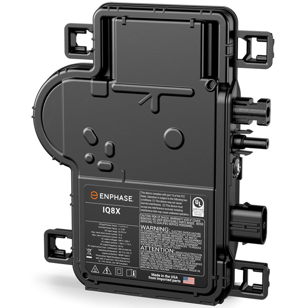 Product Image of IQ8X-80-M-DOM-US, an Enphase IQ8X microinverter, black finish, Domestic Content version made in USA.