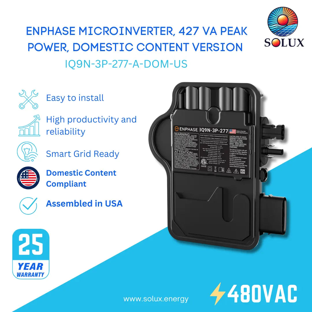 Enphase Commercial Microinverter 427VA Domestic Content (IQ9N-3P-277), 427VA peak power, 480VAC, 25-year warranty.