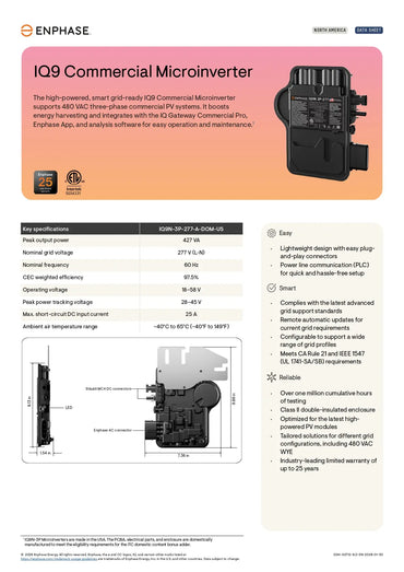 IQ9N-3P-277-A-DOM-US enphase iq microinverter datasheet, 427VA peak power, 97.5% efficiency, and 25-year warranty.