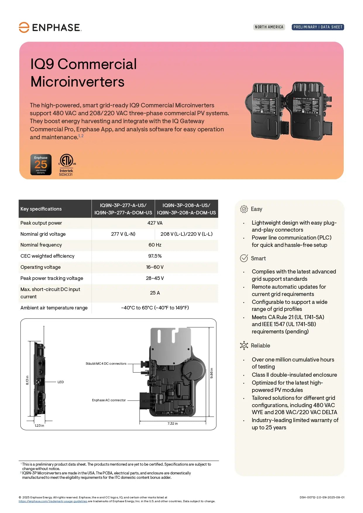 Datasheet for EN-IQ9N-3P-277-A-DOM-US enphase iq9n native microinverter, 427 VA, 480 VAC, domestic content.