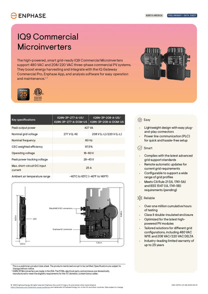 Datasheet for EN-IQ9N-3P-277-A-DOM-US enphase iq9n native microinverter, 427 VA, 480 VAC, domestic content.