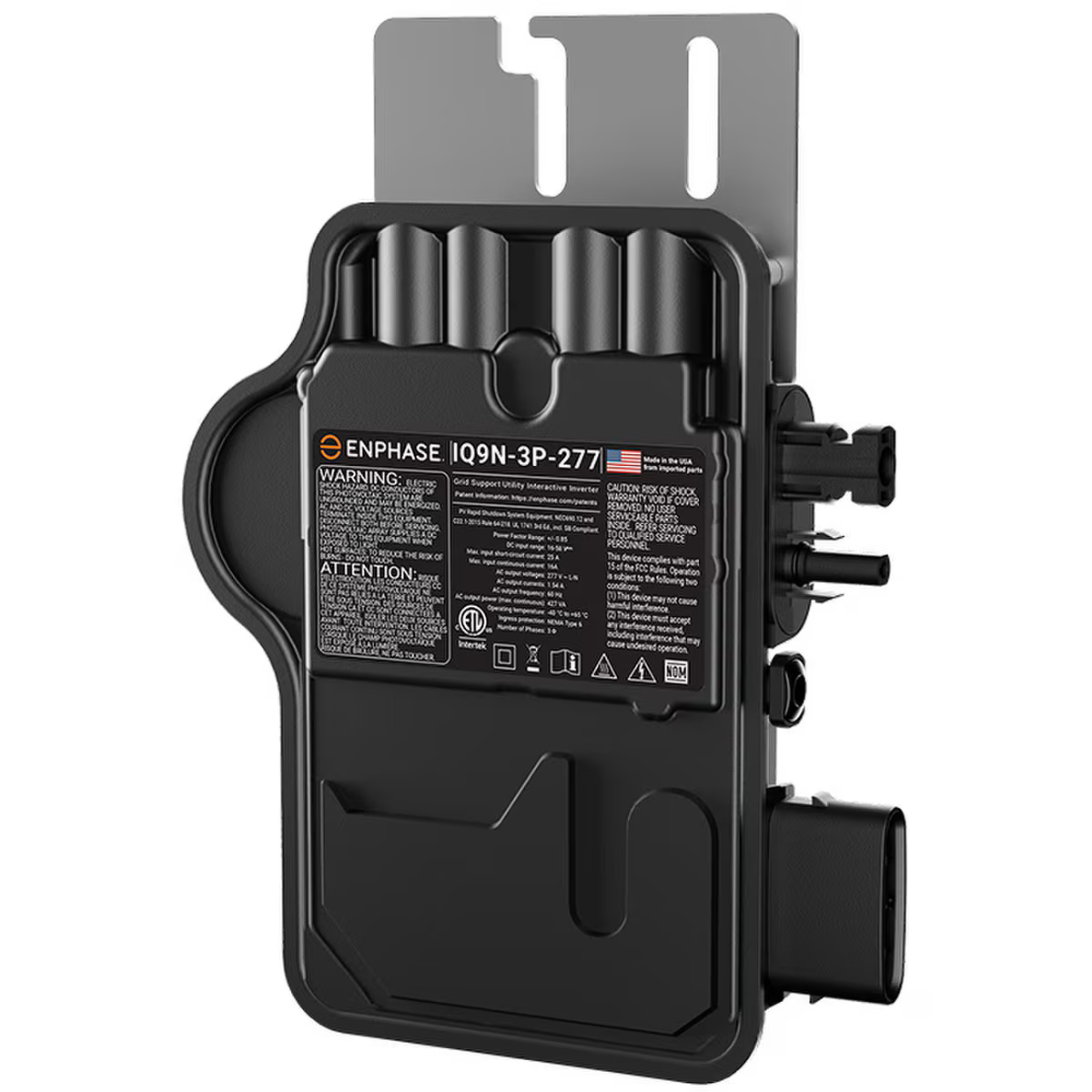 Product Image of EN-IQ9N-3P-277-A-DOM-US. Angled view of the Enphase microinverter with black casing and cable connectors.