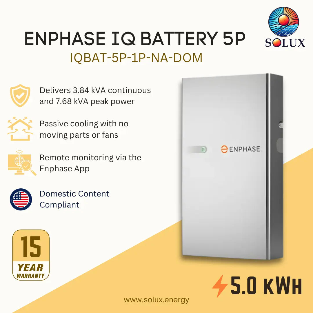 Solux Enphase IQ Battery 5P (IQBAT-5P-1P-NA-DOM) home energy storage system. The product is a silver rectangular battery unit with a gray side panel and a small green power status light.