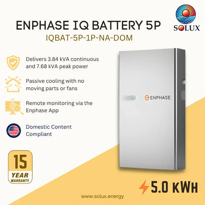 Solux Enphase IQ Battery 5P (IQBAT-5P-1P-NA-DOM) home energy storage system. The product is a silver rectangular battery unit with a gray side panel and a small green power status light.