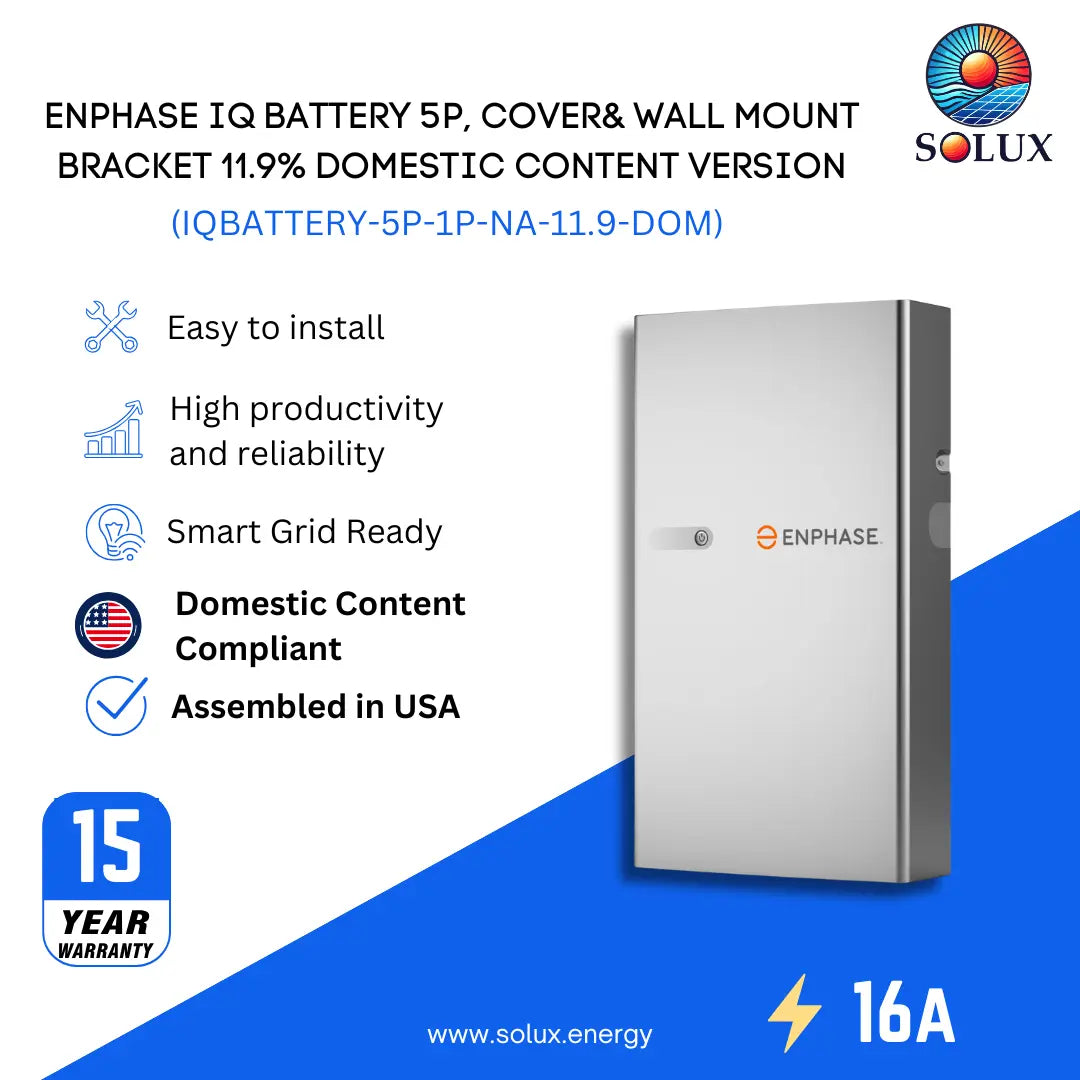Silver wall Enphase IQ Battery 5P 1P NA 11.9% Domestic Content, infographic with 'Assembled in USA' and 15-year warranty.