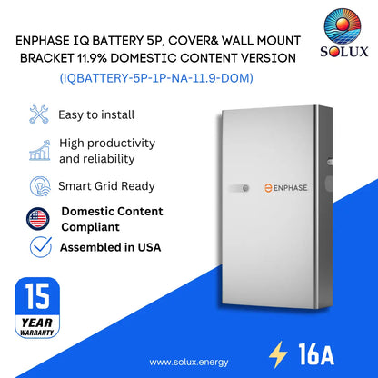 Silver wall Enphase IQ Battery 5P 1P NA 11.9% Domestic Content, infographic with 'Assembled in USA' and 15-year warranty.