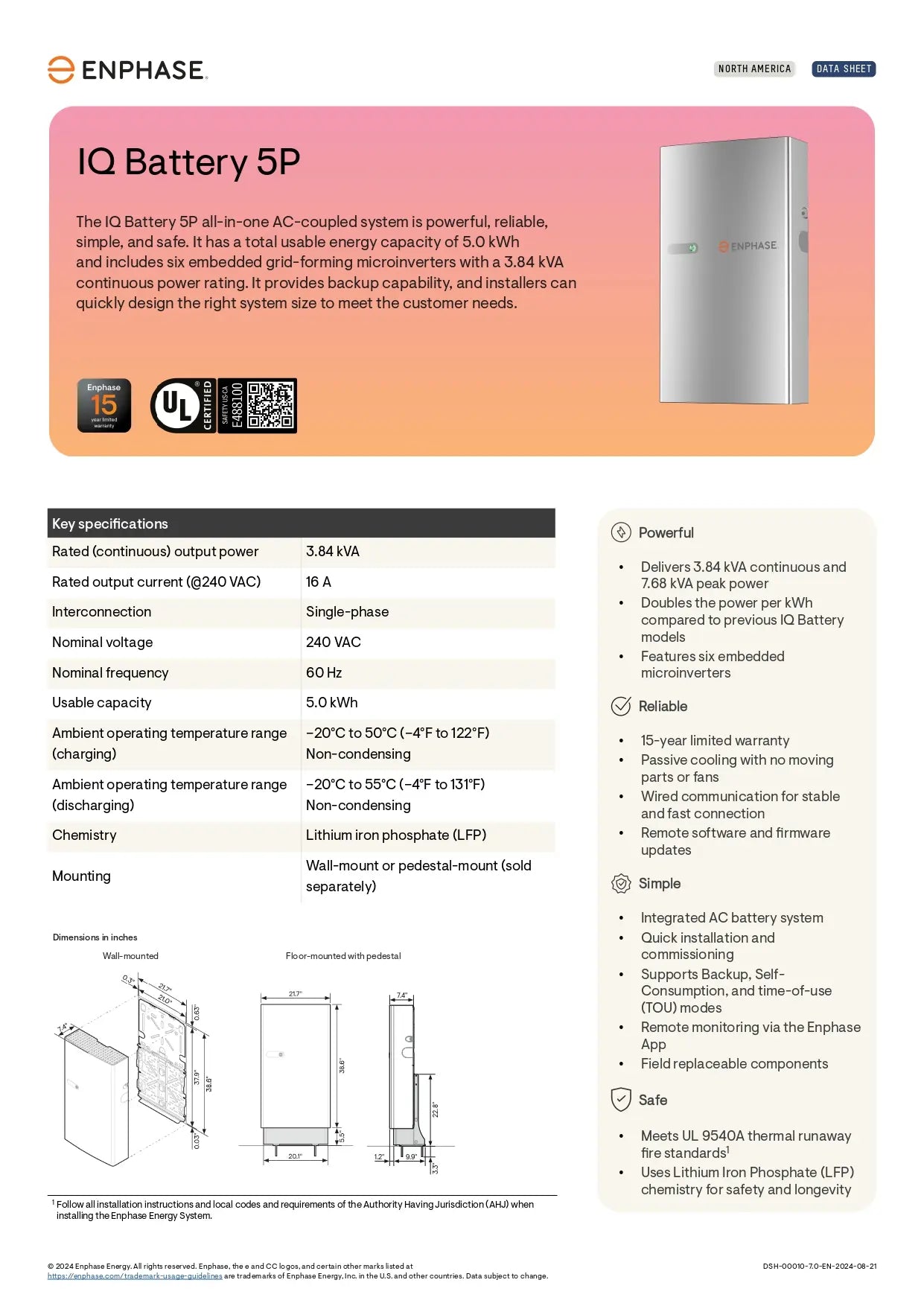 IQBATTERY-5P-1P-NA-11.9-DOM enphase 5p battery datasheet: 5kWh capacity, 3.84kVA power, and 15-year warranty.
