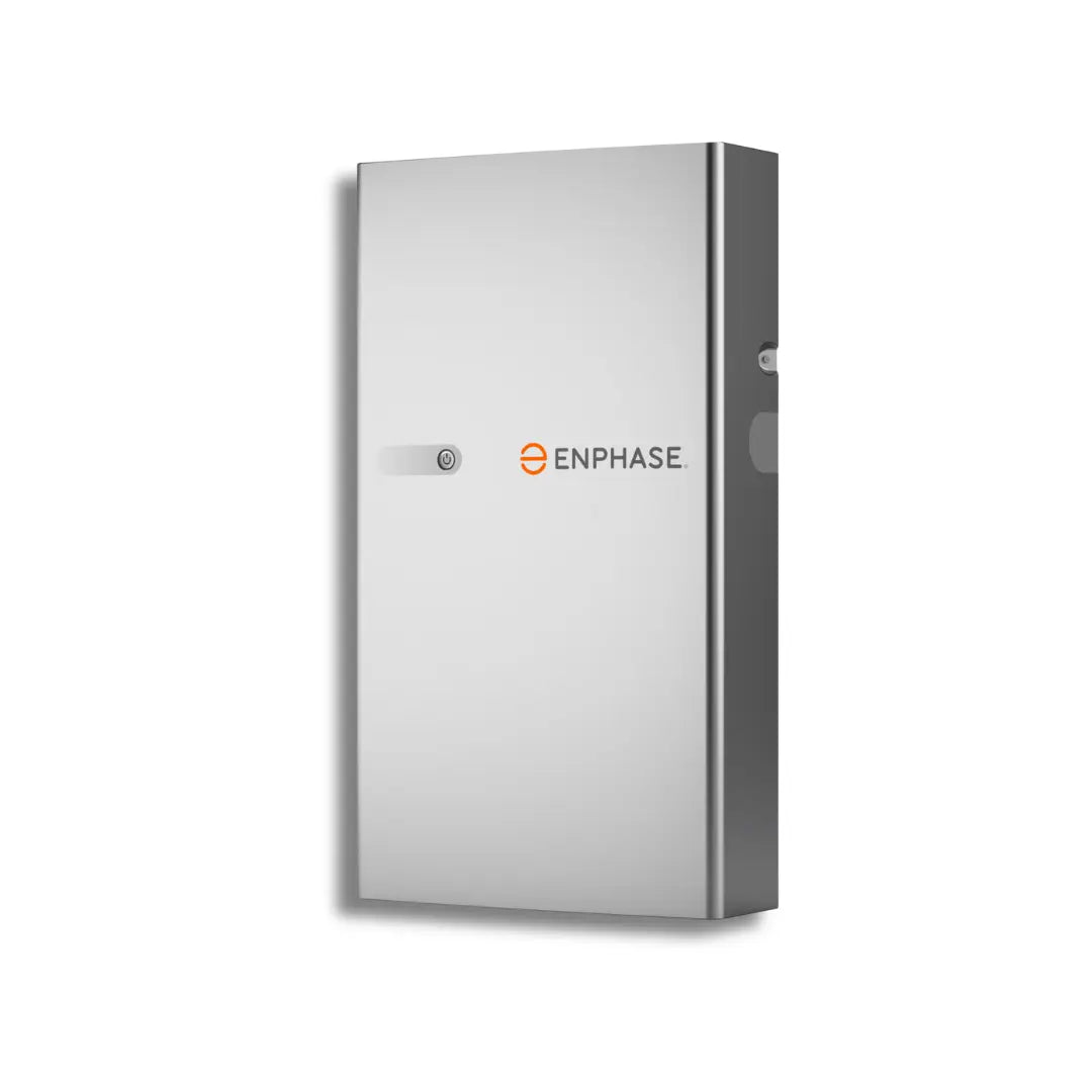 Product image of IQBATTERY-5P-1P-NA-11.9-DOM, a sleek, rectangular silver battery with a power button and 'Enphase' logo on white.