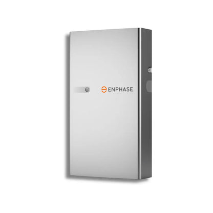 Product image of IQBATTERY-5P-1P-NA-11.9-DOM, a sleek, rectangular silver battery with a power button and 'Enphase' logo on white.