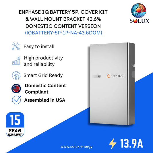 Enphase IQ Battery 5P 43.6% Domestic Content, 13.9A continuous current, 5kWh capacity, and 15-year warranty.