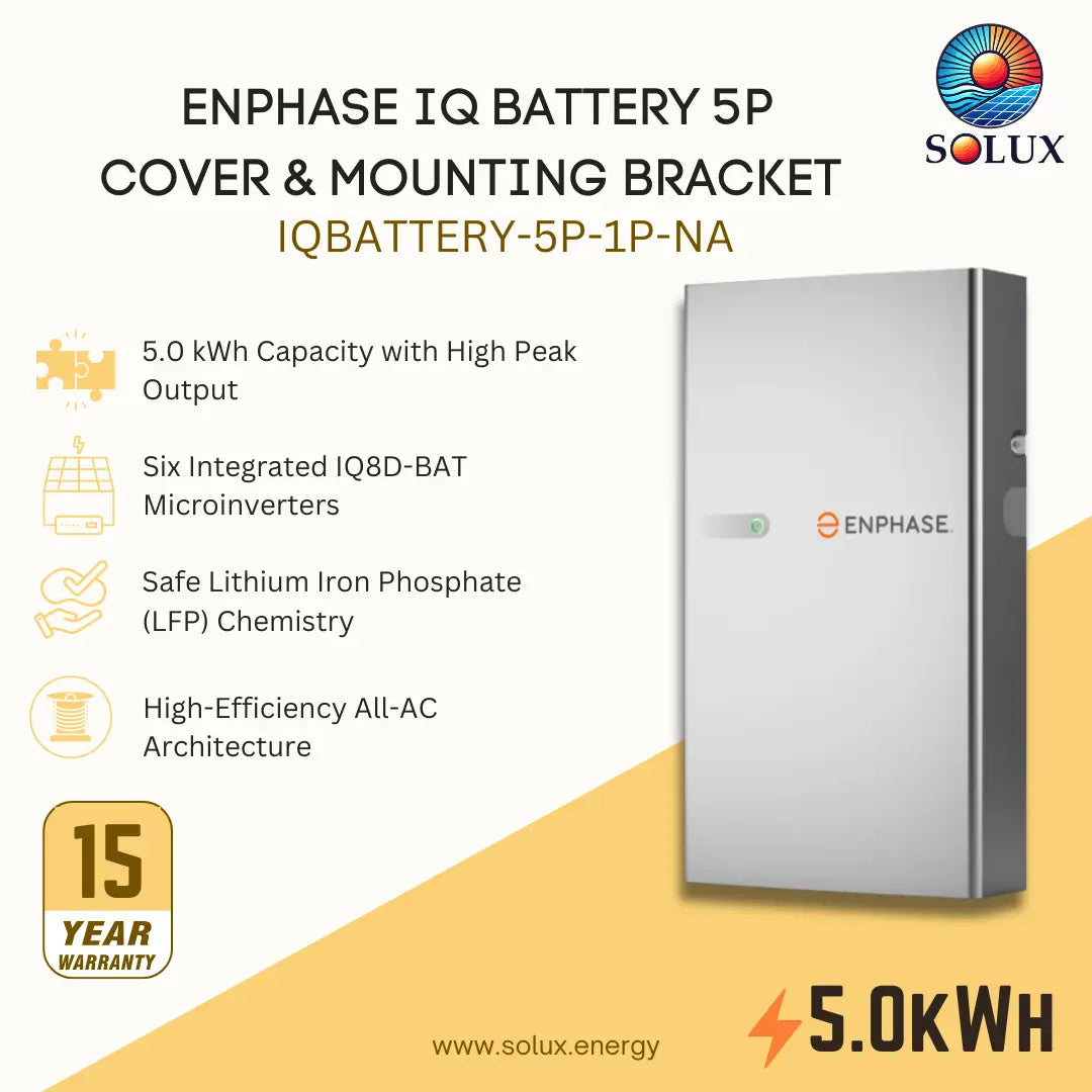 ENPHASE IQ Battery 5P Cover and Mounting Bracket promotional graphic. The image features a silver-gray rectangular battery unit on the right, with product specifications, features, a 15-year warranty badge, and the Solux brand logo on the left, set against a split white and yellow background.