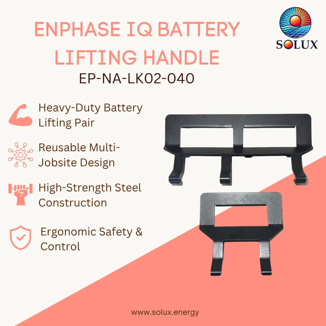 SOLUX Enphase IQ Battery Lifting Handle EP-NA-LK02-040 shown on a coral and white graphic background with product features listed on the left and two views of the black metal lifting handle.