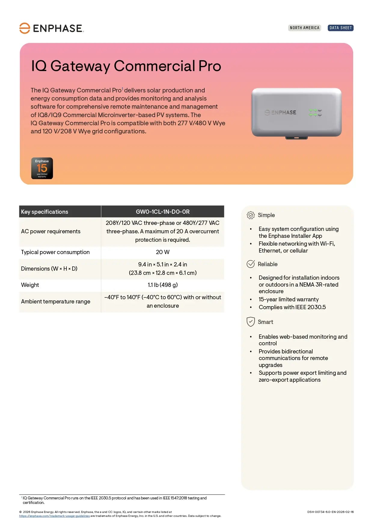 GW0-1CL-1N-D0-0R enphase commercial gateway datasheet for 208V/480V grids, 15-year warranty, IEEE 2030.5 compliant.
