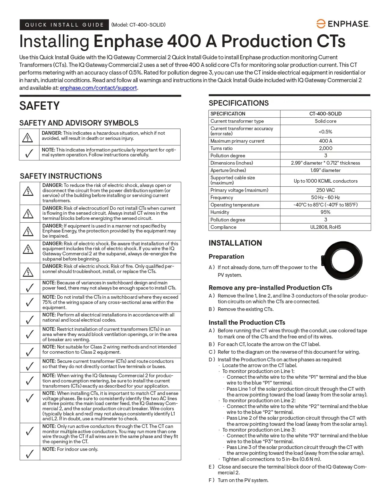 Installation guide for CT-400-SOLID iq solid core current transformer, listing safety, specs, and instructions.