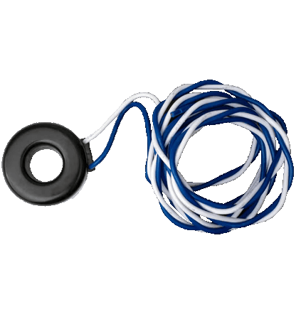 Product Image of CT-400-SOLID: A black solid-core current transformer with coiled blue and white wires.
