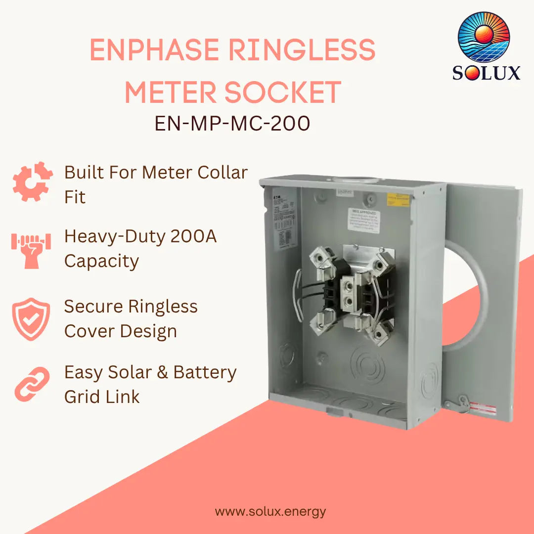 A gray ringless meter socket electrical panel shown open on a white and coral background with promotional text and the Solux logo. Features listed include built for meter collar fit, heavy-duty 200A capacity, secure ringless cover design, and easy solar and battery grid link.