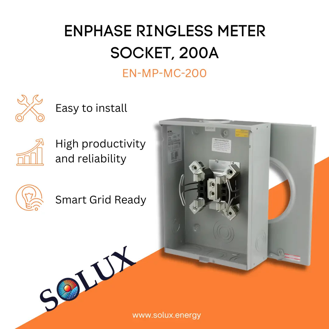 Enphase 200A Meter Socket Ringless MP-MC-200 graphic: Smart Grid Ready, 200A, easy install, and reliable.
