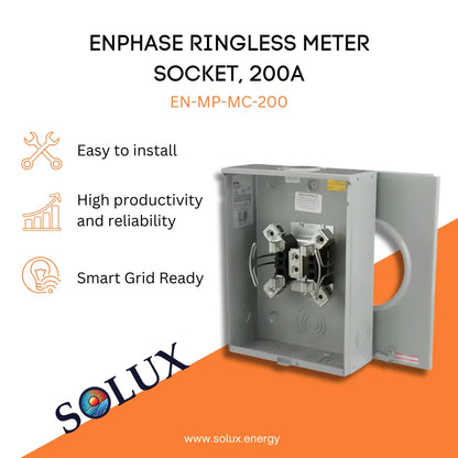 Enphase 200A Meter Socket Ringless MP-MC-200 graphic: Smart Grid Ready, 200A, easy install, and reliable.