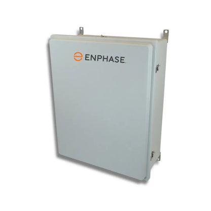 An Enphase outdoor electrical enclosure box in light gray with the Enphase logo printed on the front, shown against a plain white background.