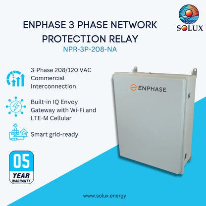 A promotional product graphic for a Solux Enphase 3 Phase Network Protection Relay, model NPR-3P-208-NA. The image features a light gray metal relay unit on the right, with technical specifications, feature icons, a 05-year warranty badge, and the Solux logo on the left against a white and blue background.