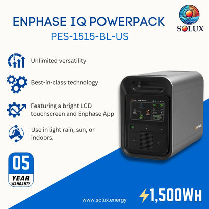 SOLUX Enphase IQ Powerpack PES-1515-BL-US portable power station shown on a blue and white promotional graphic with feature callouts and a 5-year warranty badge.