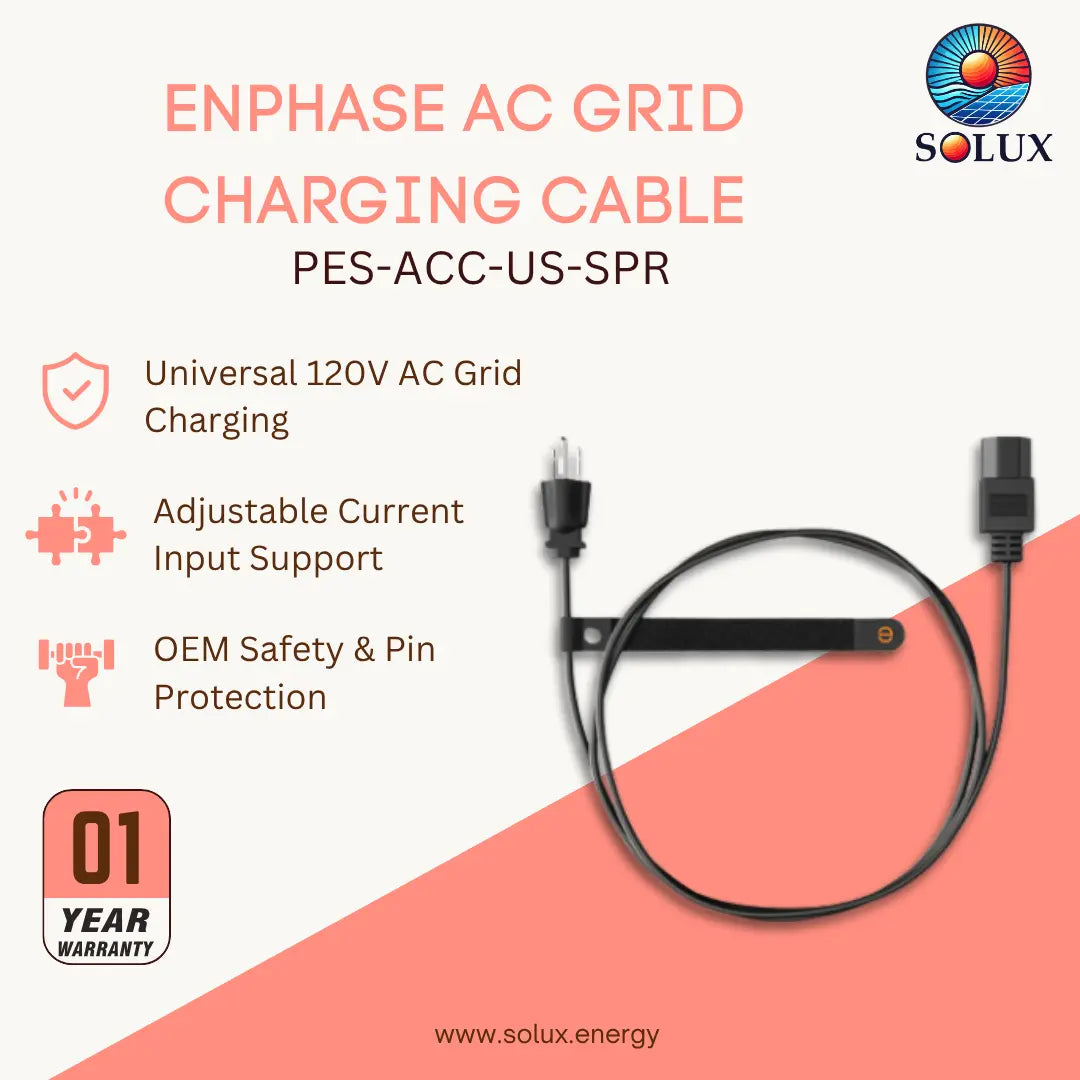 Solux Enphase AC Grid Charging Cable, model PES-ACC-US-SPR, shown on a white and coral graphic background with product features and a 1-year warranty badge.
