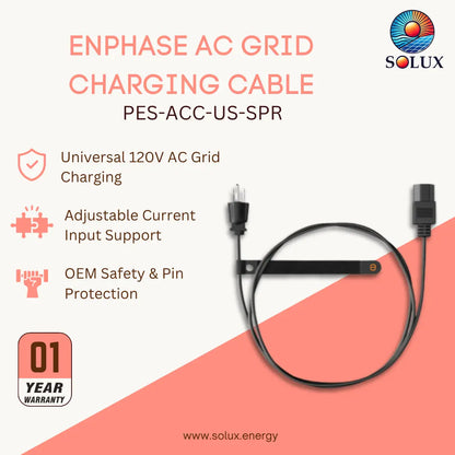 Solux Enphase AC Grid Charging Cable, model PES-ACC-US-SPR, shown on a white and coral graphic background with product features and a 1-year warranty badge.