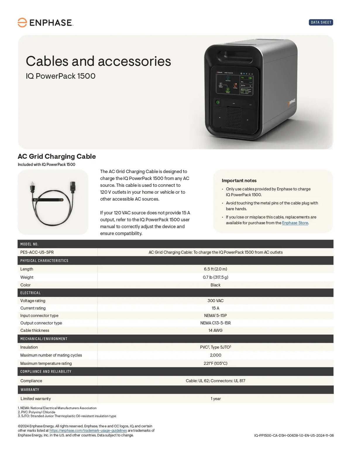 A technical datasheet page for the Enphase IQ0 Powercell 1500 AC Grid Charging Cable, showing product specifications, a small product photo of the charging cable and power unit, and a detailed spec table.