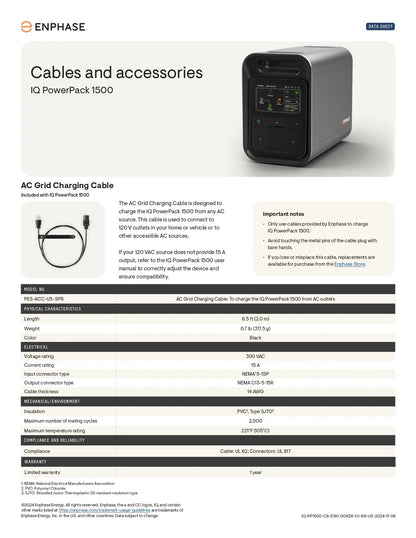 A technical datasheet page for the Enphase IQ0 Powercell 1500 AC Grid Charging Cable, showing product specifications, a small product photo of the charging cable and power unit, and a detailed spec table.