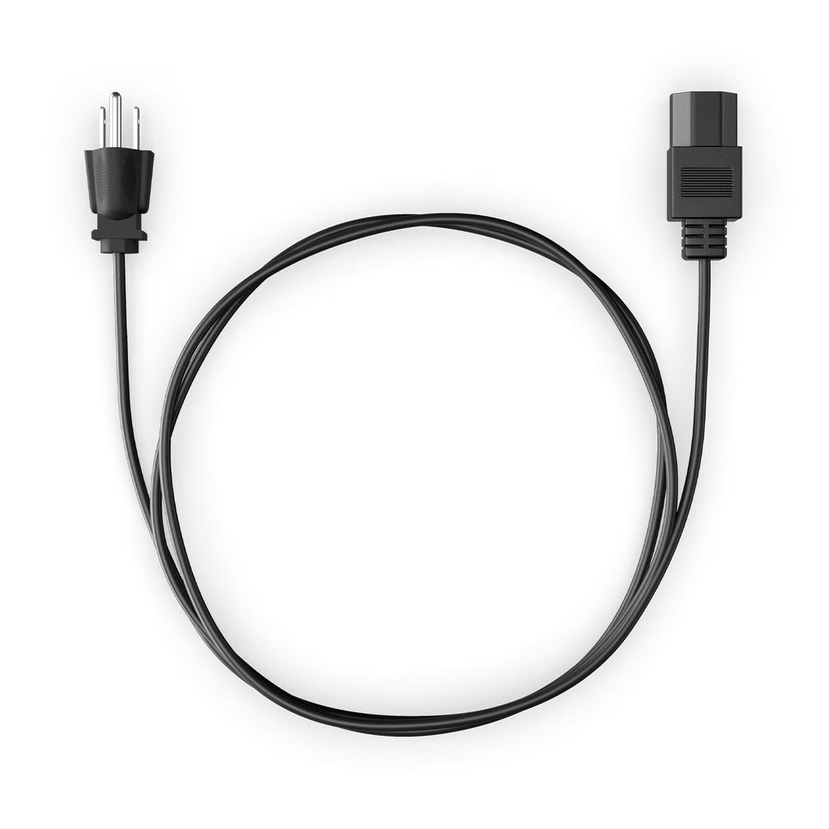A black ac grid charging cable  with a standard two-prong US plug on one end and a multi-pin connector on the other, coiled on a white background.