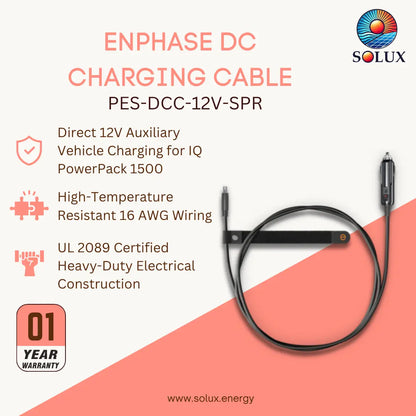A promotional product graphic for a Solux Enphase DC charging cable, model PES-DCC-12V-SPR. The black cable is shown coiled on a white and coral pink background with text detailing its features, including 'Direct 12V Auxiliary Vehicle Charging for IQ PowerPack 1500', 'High-Temperature Resistant 16 AWG Wiring', 'UL 2089 Certified', and a '01 YEAR WARRANTY' badge.
