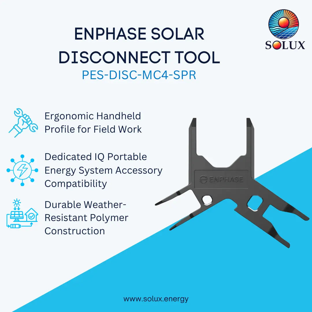 A promotional graphic for the Solux Enphase Solar Disconnect Tool, model PES-DISC-MC4-SPR. The image features a dark gray metal tool on a split white and bright blue background with text highlighting its ergonomic design, compatibility, and weather-resistant construction.