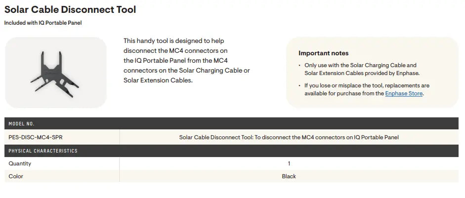 A product information graphic for the Solar Cable Disconnect Tool by Euphoric Store. The graphic shows a black plastic tool with a metal spring-loaded hook, a small illustration, and text noting it is included with an IQ Portable Panel and lists physical characteristics including model number PES-DISC-MC4-SPR, quantity 1, and color black.