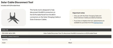 A product information graphic for the Solar Cable Disconnect Tool by Euphoric Store. The graphic shows a black plastic tool with a metal spring-loaded hook, a small illustration, and text noting it is included with an IQ Portable Panel and lists physical characteristics including model number PES-DISC-MC4-SPR, quantity 1, and color black.