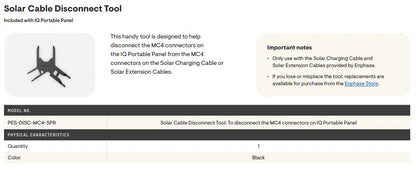 A product information graphic for the Solar Cable Disconnect Tool by Euphoric Store. The graphic shows a black plastic tool with a metal spring-loaded hook, a small illustration, and text noting it is included with an IQ Portable Panel and lists physical characteristics including model number PES-DISC-MC4-SPR, quantity 1, and color black.