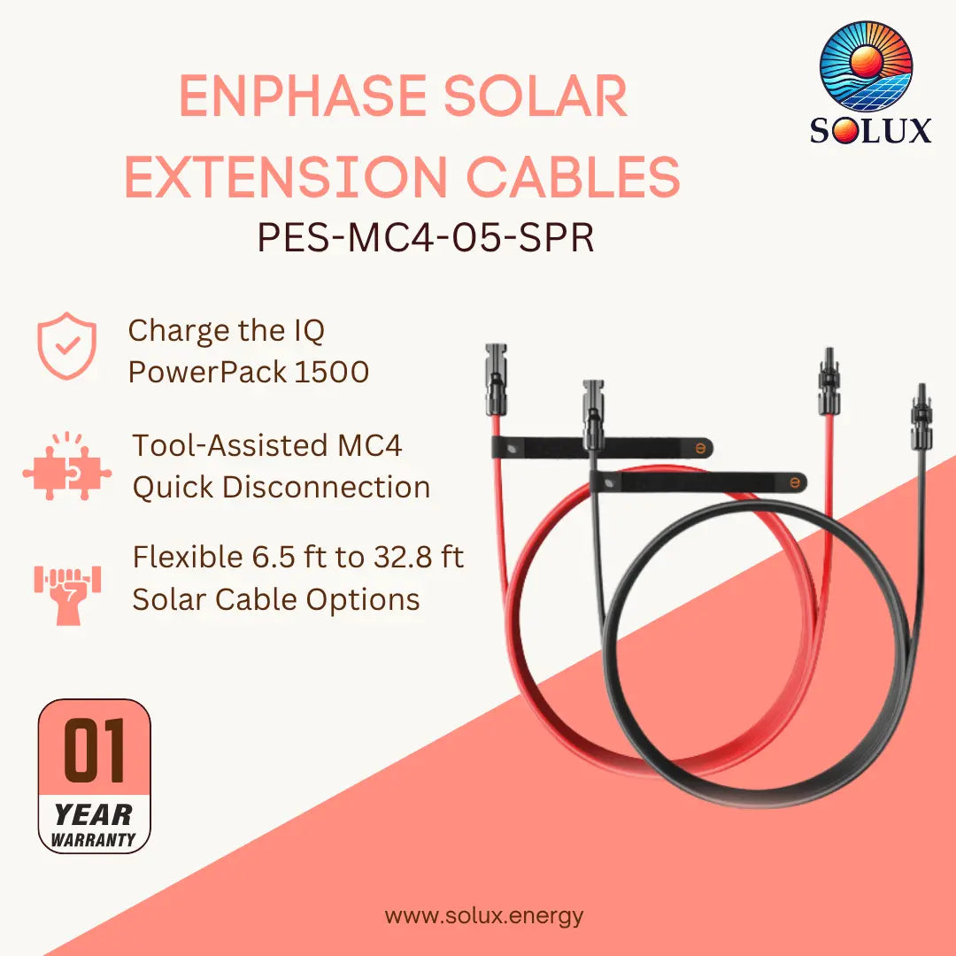 Solux Enphase Solar Extension Cables PES-MC4-05-SPR shown on a white and red graphic background with product features and a 1-year warranty badge.