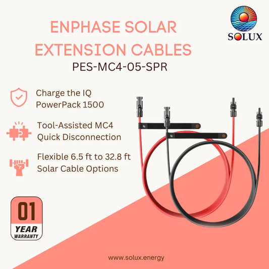 Solux Enphase Solar Extension Cables PES-MC4-05-SPR shown on a white and red graphic background with product features and a 1-year warranty badge.