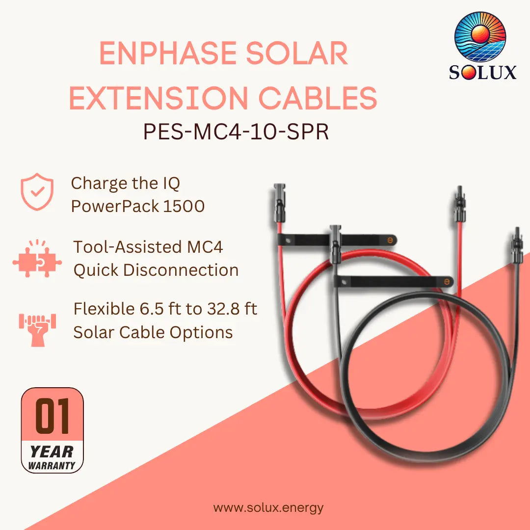 Promotional graphic for SOLUX Enphase Solar Extension Cables, model PES-MC4-10-SPR. The image shows two coiled solar extension cables, one red and one black, with black quick-disconnection MC4 connectors.